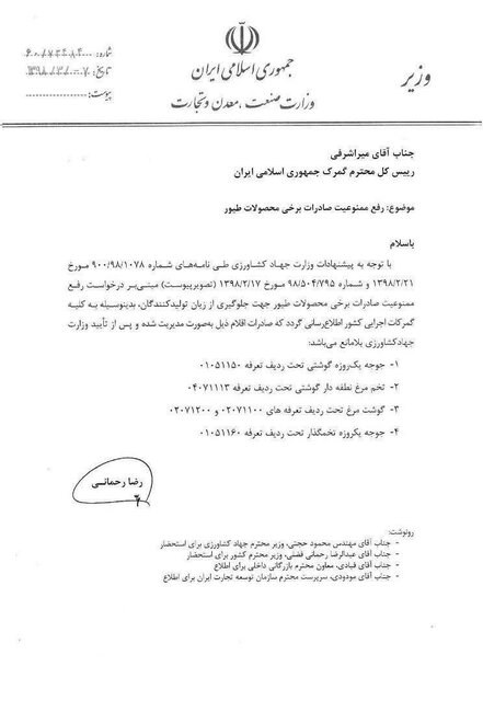صادرات مرغ آزاد شد – صلح خبر